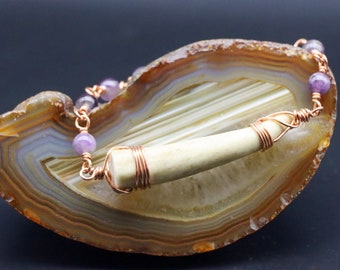 Deer Antler Bracelet With Amethyst & Copper Wire Wrap