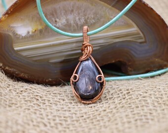 Chatoyant Hyperthene Tear Drop Pendant, Wire Wrapped Mineral Stone On Adjustable Leather Cord Necklace