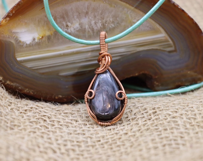 Chatoyant Hyperthene Tear Drop Pendant, Wire Wrapped Mineral Stone On Adjustable Leather Cord Necklace