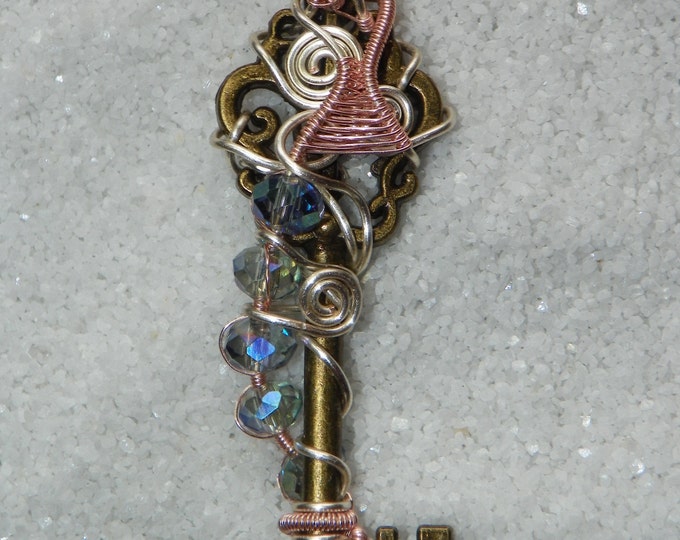 Wire Wrapped Key Pendant, Antiqued Bronzed Key W/Colorful Wire Wrap & Crystal Beads, Key To My Heart Gift For Her, Sterling Over Copper Wire