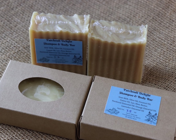 Goat Milk Shampoo & Body Bar, Patchouli Delight, W/Essential Oils, No Artificial Dyes or Fragrances