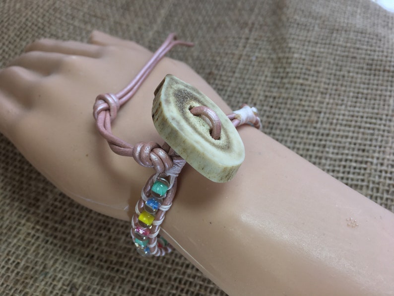 Deer Antler Button Clasp Ladder Bracelet Pastel Rainbow Czech Glass Beads Pink Leather Ladies BOHO Cowgirl BraceletAnklet Combo