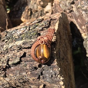 Tiger Eye, Copper Wire Wrapped Pendant, Copper Weave, Fashionable Gift For Her, Mineral Stone, Medium Focal Point Jewelry, Classy, OOAK Gift