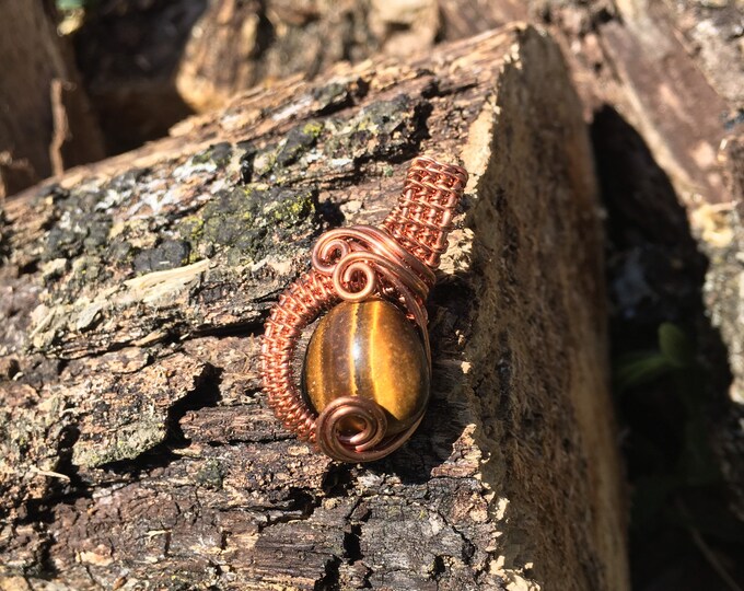 Tiger Eye, Copper Wire Wrapped Pendant, Copper Weave, Fashionable Gift For Her, Mineral Stone, Medium Focal Point Jewelry, Classy, OOAK Gift