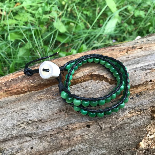 Double Wrap Leather Bracelet, Whitetail Deer Antler Button, Black Leather, Green Cat Eye Beads, Boho Jewelry, Adjustable Choker/Bracelet