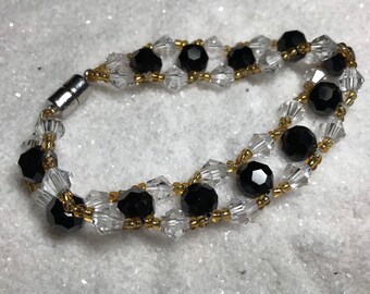 Beaded Weave Bracelet, Black, Gold & Clear Crystals, Elegant Beaded Bracelet, Magnetic Clasp, 7.5 Inch Bracelet, Evening Elegance