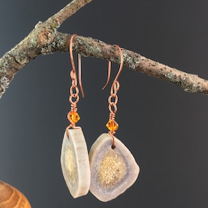 Antler Earrings, Natural Deer Antler Jewelry, Fire Opal Swarovski Crystals, Hammered Copper, Artesian Crafted, Country Woodland Jewelry Gift