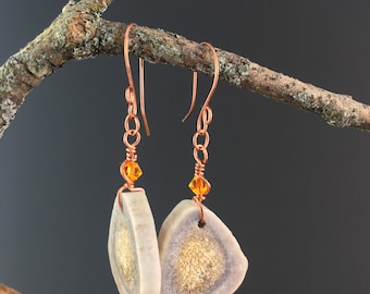 Antler Earrings, Natural Deer Antler Jewelry, Fire Opal Swarovski Crystals, Hammered Copper, Artesian Crafted, Country Woodland Jewelry Gift