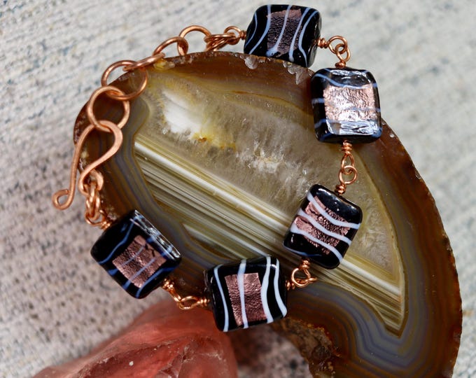 Purple Glass Beaded Link Copper Bracelet