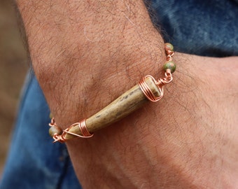 Deer Antler Bracelet With Unakite & Copper Wire Wrap. Country Western Style Jewelry