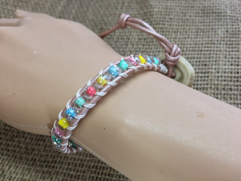 Deer Antler Button Clasp Ladder Bracelet Pastel Rainbow Czech Glass Beads Pink Leather Ladies BOHO Cowgirl BraceletAnklet Combo