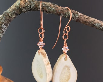 Antler Earrings, Natural Deer Antler Jewelry, Clear AB Swarovski Crystals, Hammered Copper, Artesian Crafted, Country Woodland Jewelry Gift