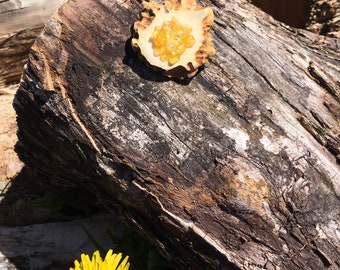 Antler Brooch, Yellow Citrine Mineral Gemstone Cluster On Natural Whitetail Deer Antler Burr End, Rustic Woodland Style Jewelry Country Gift