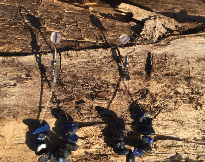 Up-Cycled Guitar String Earrings, Recycled Nylon Guitar Sting Jewelry, Sodalite Chip Beads, Dangle Earrings, OOAK, Musical Gift For You, Her