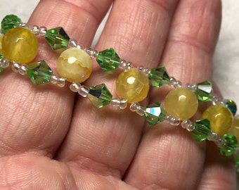 Lemon Lime Delight Beaded Bracelet, Woven Beaded Bracelet, Yellow Fire Agate, Green AB Faceted Crystals, Magnetic Clasp, Eight Inch Bangle