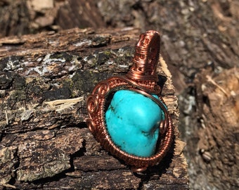 Turquoise Dyed Howelite, Copper Wire Wrapped Pendant, Mineral Stone Jewelry, Hand Woven Wire, BOHO, Western, Gift For Her, OOAK Jewelry