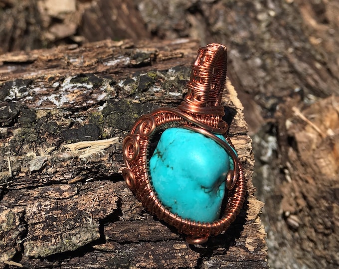 Turquoise Dyed Howelite, Copper Wire Wrapped Pendant, Mineral Stone Jewelry, Hand Woven Wire, BOHO, Western, Gift For Her, OOAK Jewelry