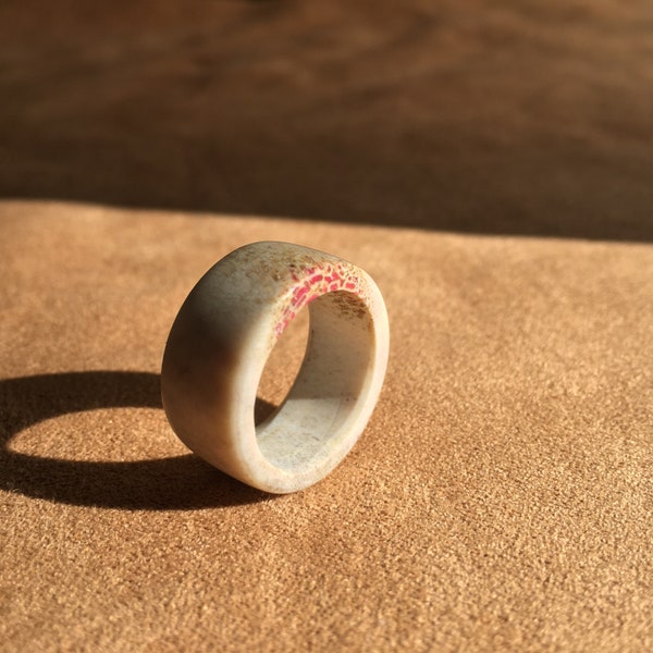 Antler Ring, Natural Whitetail Deer Antler Ring With Pink Inlay, US Size 6 Band Ring, Eco-Friendly Jewelry, BOHO, Woodland Style