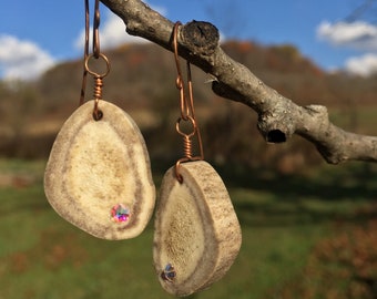 Natural Deer Antler Earrings: Copper Hooks & Swarovski Crystals
