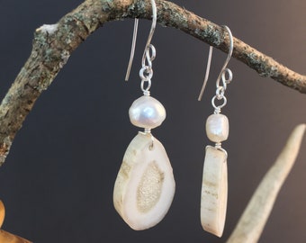 Antler Earnings, Natural Deer Antler W/Fresh Water Pearls & Sterling Silver, Artesian Crafted, Woodland Country Style, Cowgirl Gift