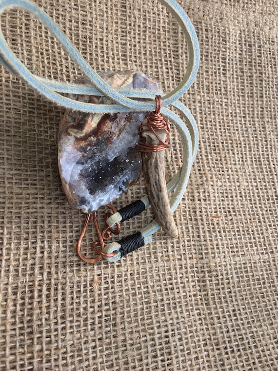 Antler Necklace, Natural Deer Antler Jewelry, 24 Inch Necklace, Leather Cord, Hand Hammered Copper, Men’s Jewelry, Country Western Gift