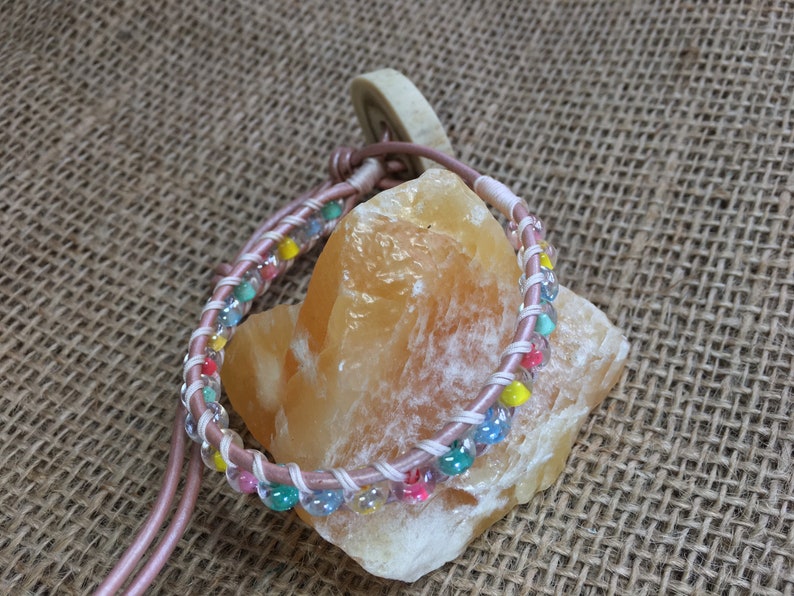 Deer Antler Button Clasp Ladder Bracelet Pastel Rainbow Czech Glass Beads Pink Leather Ladies BOHO Cowgirl BraceletAnklet Combo