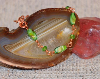 Green Glass Bead Copper Bracelet – Adjustable Swirl Faceted Artisan Jewelry