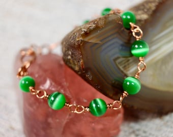 Green Cat Eye Beaded Copper Bracelet
