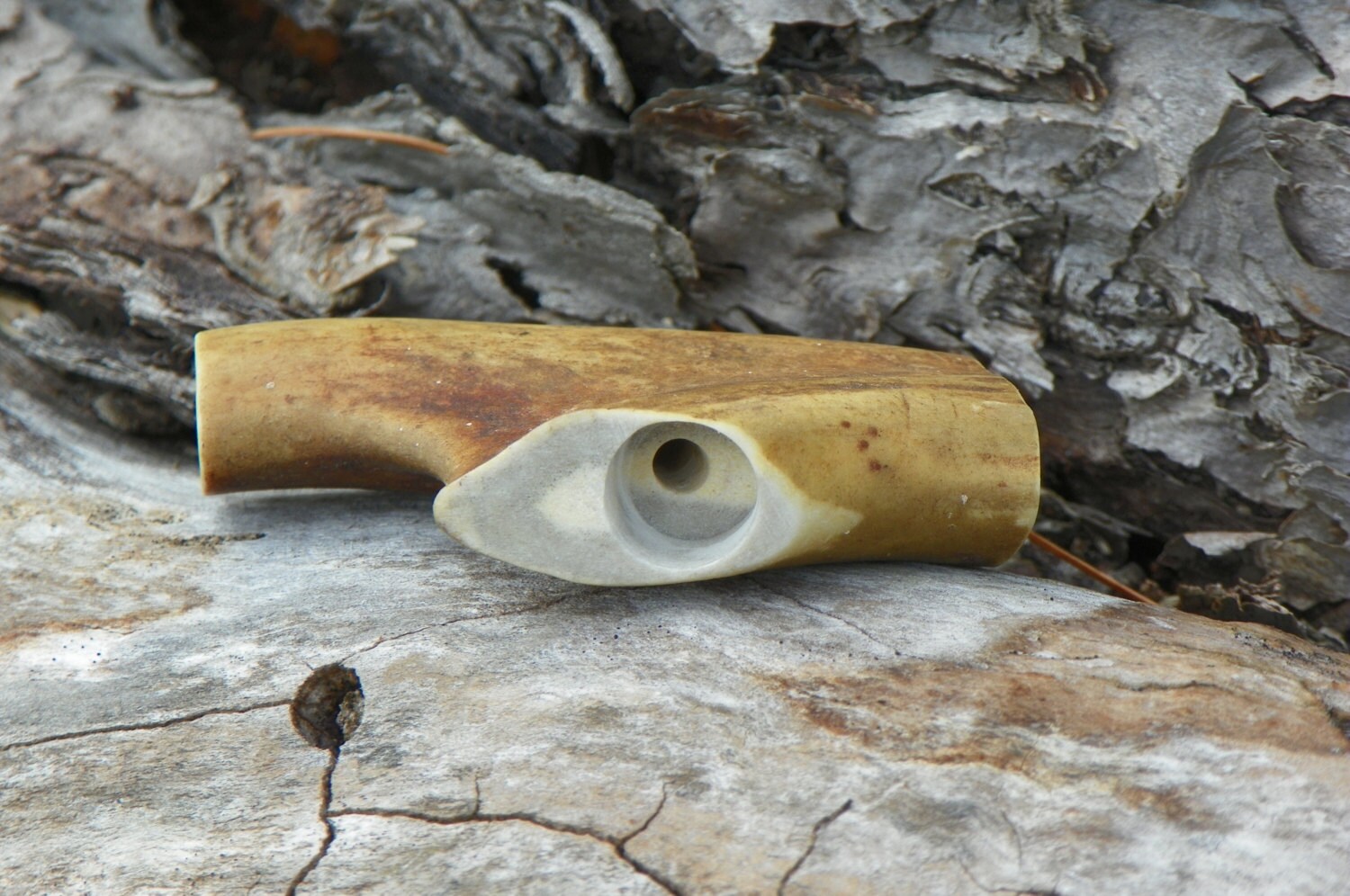 Antler Pipe, White Tail Deer Antler Pocket Pipe With Turquoise Inlay, A