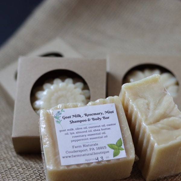 Goat Milk Soap, Rosemary Mint Shampoo & Body Bar, With Essential Oils, No Artificial Dyes or Perfumes, Palm Free Soap