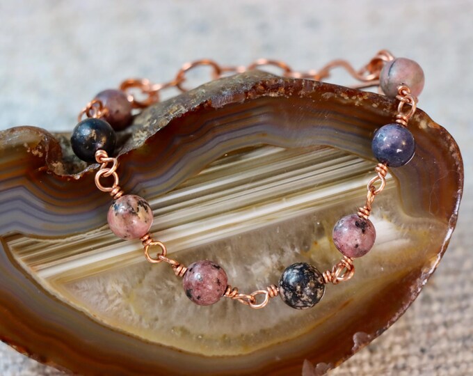Rhodonite Beaded Copper Link Bracelet