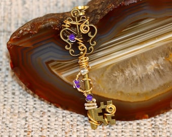 Steampunk Skeleton Keychain – Wire Wrapped Charm – Victorian Style Accessory with Purple Beads