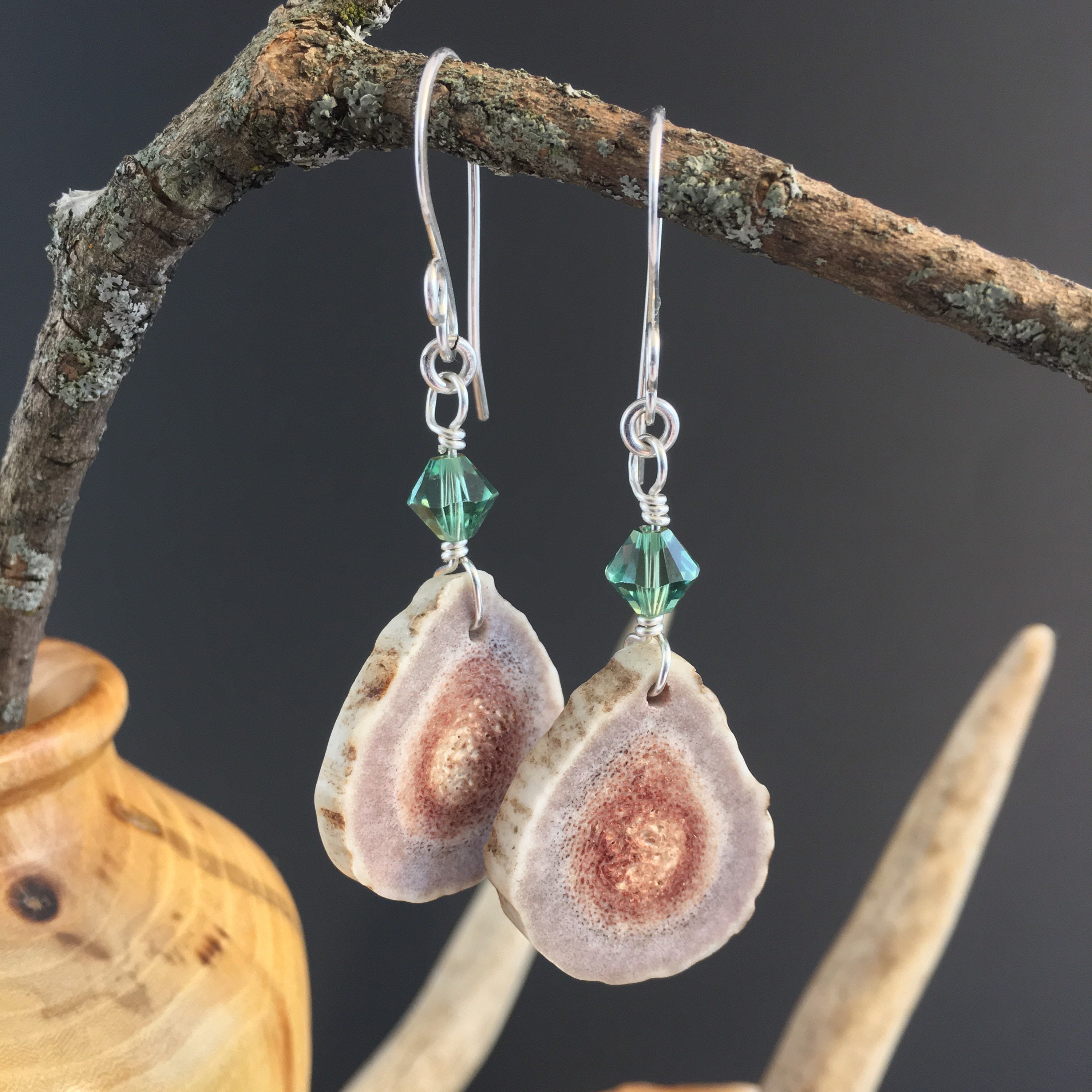 Antler Earrings Natural Deer Antler W Green Swarovski Crystals