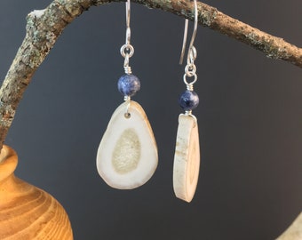 Antler Earrings, Natural Whitetail Deer Antler Dangle Earrings W/Sodalite & Sterling Silver, Artesian Crafted Woodland Country Style Jewelry
