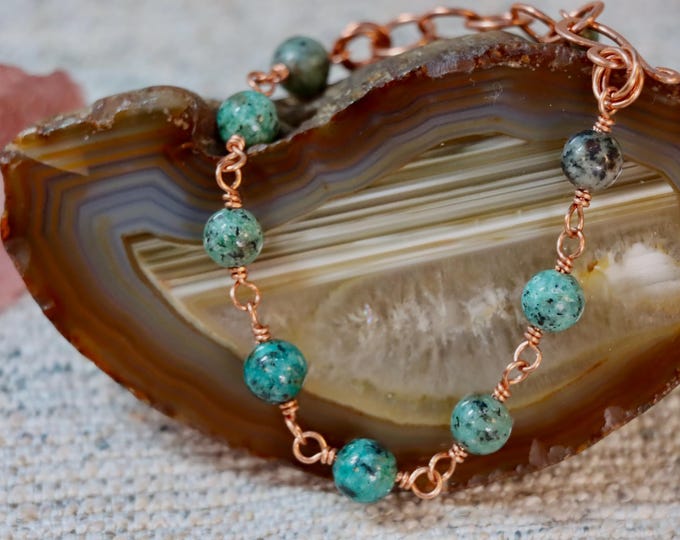African Turquoise, Beaded Copper Link Adjustable Bracelet
