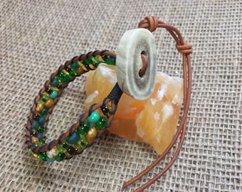 Leather Ladder Bracelet: Czech Glass Beads, Antler Button Clasp