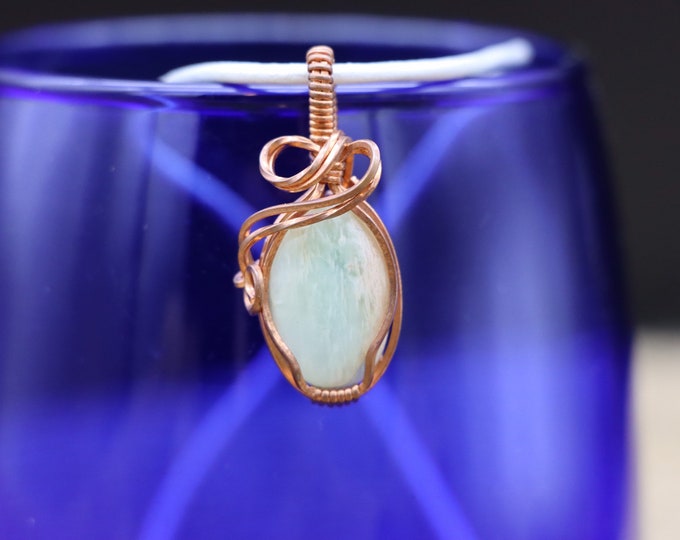 Natural Amazonite Pendant Wrapped in Copper on Leather Cord With Hand Hammered Copper Enclosure, Adjustable