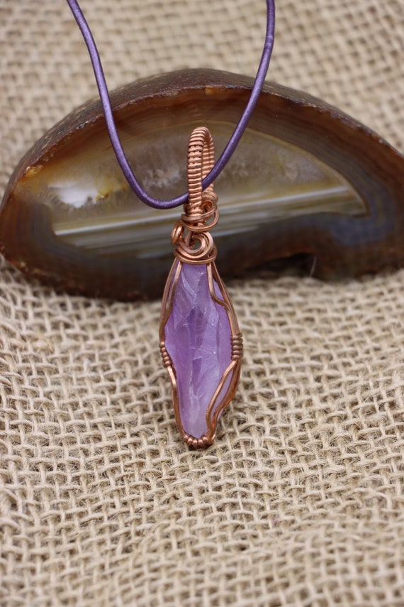 Purple Amethyst Crystal, Raw Mineral Stone in the Rough, Wrapped in Copper, Set on Adjustable Purple Leather Cord