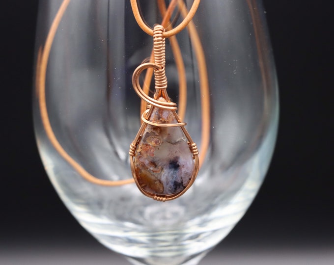 Agate Teardrop Pendant, Copper Wire Wrapped, Adjustable Leather Cord Necklace