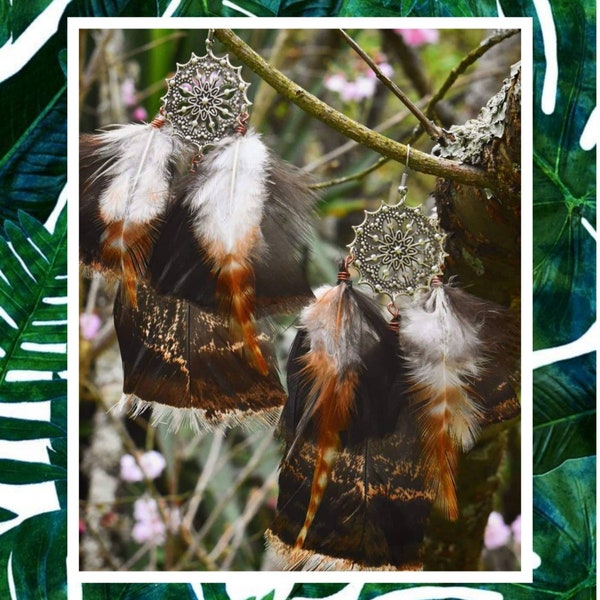 Natural feathers earrings Boucles d'oreilles plumes naturelles dindons poules