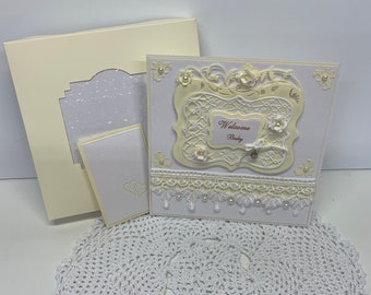 Baby, Handmade, Self Standing, Easel Card in Yellow and White with Pearls, Fabric Lace and Charms.