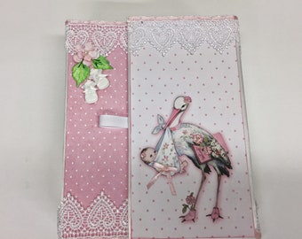 Price reduced - Handmade Baby Girl Mini-Album in pink and white with baby shoes and a stork