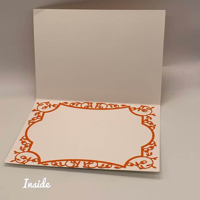 Bright, colorful handmade Just Because card in yellows and oranges featuring hand made zinnias. image 3