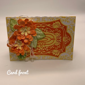 Bright, colorful handmade Just Because card in yellows and oranges featuring hand made zinnias. image 2