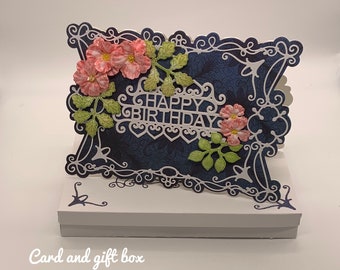 Handmade birthday card in royal blue and white with pink handmade Oakberry blooms.