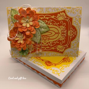 Bright, colorful handmade Just Because card in yellows and oranges featuring hand made zinnias. image 1