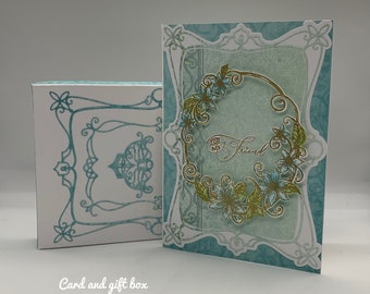 Friendship Handmade greeting card in pastel teal and green featuring exquisite layered die cuts with gift box.