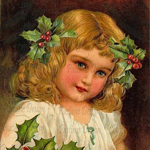 Cartolina di Natale vintage, immagine di Natale vintage, download istantaneo, cartolina di Natale, bambina con immagine agrifoglio, creazione di carte