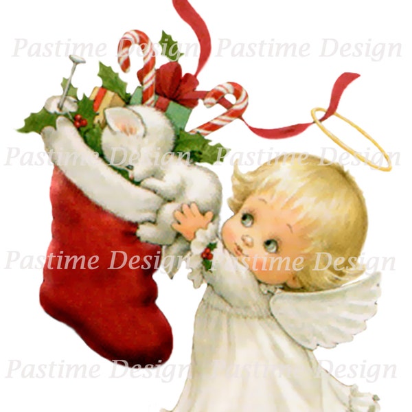 Vintage Christmas Angel and kitten,printable Christmas stocking and angel image,instant download,Christmas kitten ,Christmas digital image