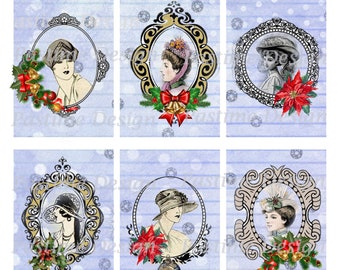 ATC vintage frames digital collage sheet,8ATC images,vintage ladies image,instant download,vintage style,Christmas gift tags,decoupage sheet